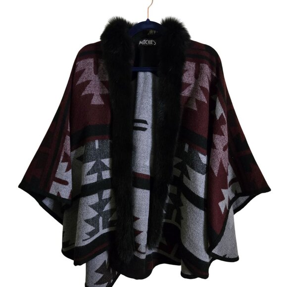 Mitchie's Genuine Fur Wool Cashmere Blend Southwestern Pattern Wrap One Size - Picture 2 of 6